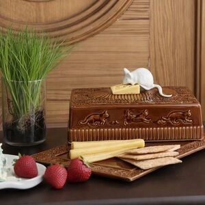 Abigails Portugal Brown Ceramic Cheese Dish Majolica Mouse Cats Lid Tray Artisan